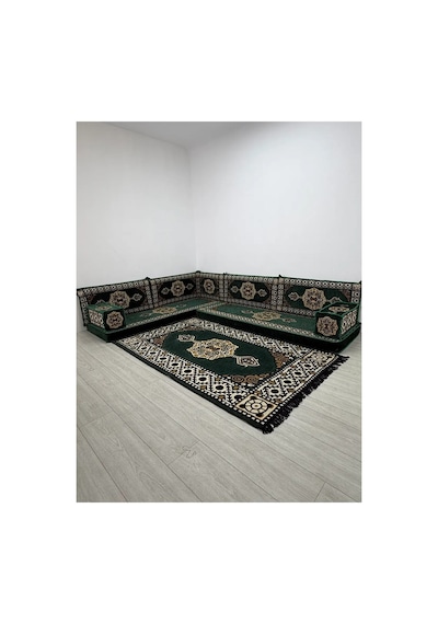 Güneş Modeli Yeşil Otantik Şark Köşesi Takımı L Set - Geleneksel Yer Minderi Seti 10 Cm Minder Kalınlığı 9 Parça