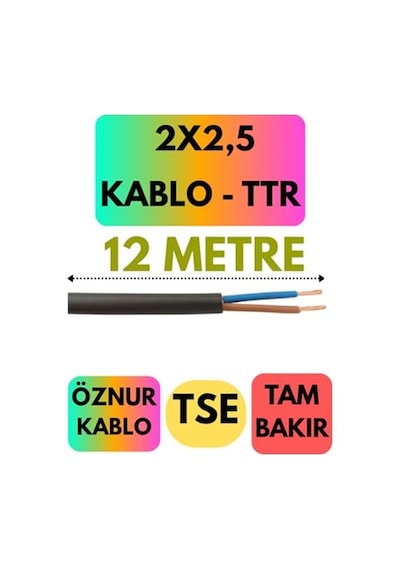 Öznur 2x2,5 Ttr Kablo, 12 Metre, Siyah