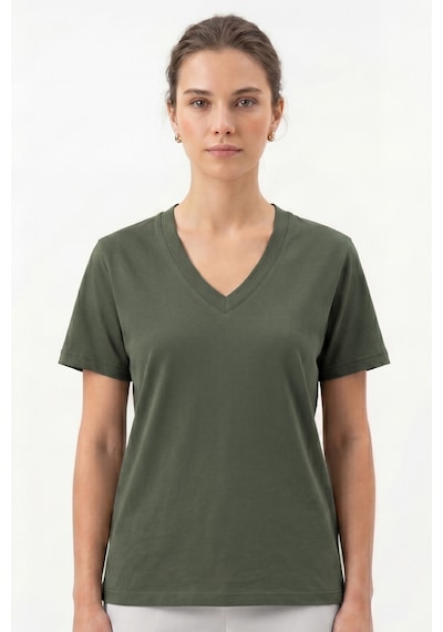 Goffra Kadın Vision V Yaka Premium Kalite Yoğun Dokulu Pamuklu T-shirt Haki W102-r0220-06