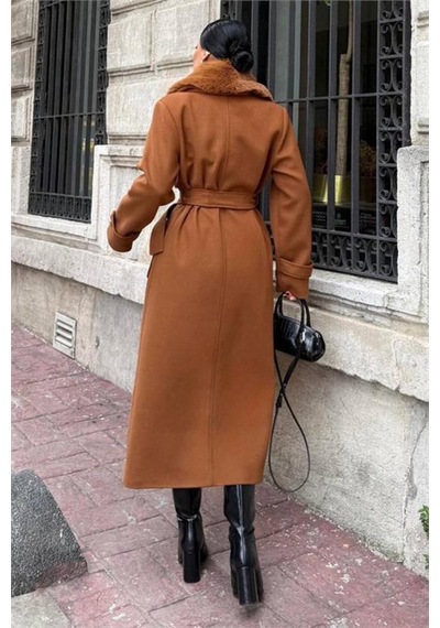 Neşeli Butik Kadın Cep Detaylı Kuşaklı Yaka Kürklü Tam Boy Kaşe Kaban Nbstr1003 Taba