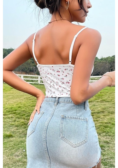 Bella Notte Retro Minimalist Desenli Crop Bluz Beyaz