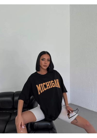 Unisex Bisiklet Yaka Baskılı Oversize T-shirt - Beyaz Siyah