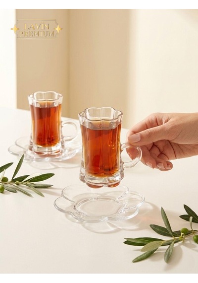 6 Kişilik Cam Lotus Çiçek Model Çay Fincan Takımı Seti 120ml Şeffaf
