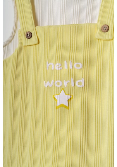 Hafy Baby Hello World Nakışlı, Erkek / Kız Çocuk Salopet Tulum Sarı
