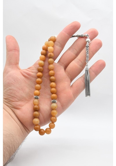 33'lük Doğal Carnelian Taşlı Tesbih 925 Ayar Gümüş Püsküllü 10mm Küre Kesim