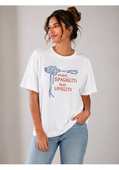 Bozzbozzcollection Spagetti Mutluluğu Baskılıl Oversize Beyaz Tişört Kadın