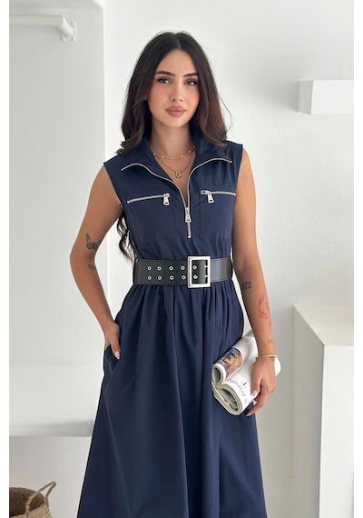 Asprin Fashion Paraşüt Kumaş Kemerli Elbise Lacivert Lacivert