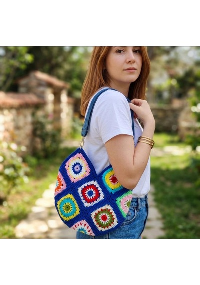 Newdaycraft El Örgüsü Tığ İşi Bohem Kare Motif Renkli Tote Çanta Çok renkli