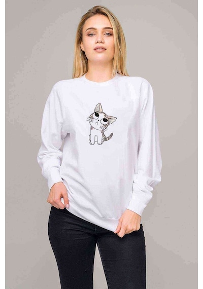 Kawaii Cat Şaşkın Kedi Baskılı Beyaz Kadın Sweatshirt