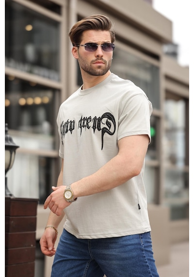 Madmext Boyalı Gri Baskılı %100 Pamuk Erkek T-shirt E7141 Boyalı Gri