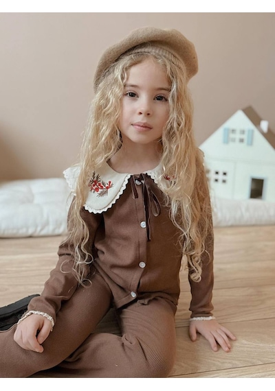 Miniko Kids Kız Çocuk Yaka Dantelli Fitilli Kaşkorse Bayramlık Taytlı Takım Kahverengi