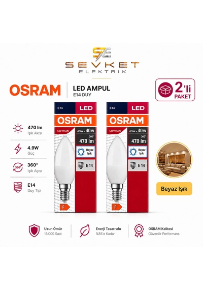 Osram 4.9w 40w 2'li Paket Led Mum Ampul Beyaz Işık-6500k E14 2 Adet