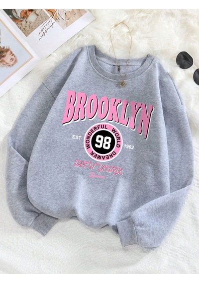 Startmore Startmorebrooklyn Dünya Hayalperest Kazak Kadın Mektup Baskılı Kapüşonlu Svetşört Polar Sıcak Crewneck Gri
