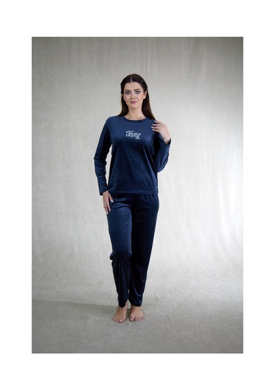 Estiva Kadın Something Yazılı Kadife Pijama Takımı Lacivert