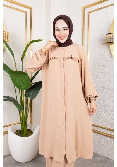 Nevayla Moda Ayrobin Kumaş İnci Detaylı Takım / T112 - Vizon Vizon