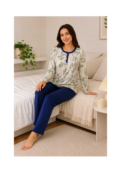 Tenra Rahat Kalıp Çiçek Desenli Kadın Pijama Takımı %100 Pamuk Lacivert