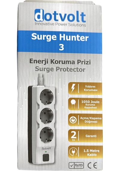 Dotvolt Üçlü 1.5 Metre Kablolu Akım Korumalı Priz Beyaz Anahtarlı Surge Hunter 1050 Joule