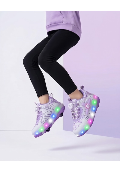2256-n-drops Led Işıklı Çift Tekerlekli Akıllı Bağcıklı Unisex Çocuk Patenli Ayakkabı Beyaz - Lila