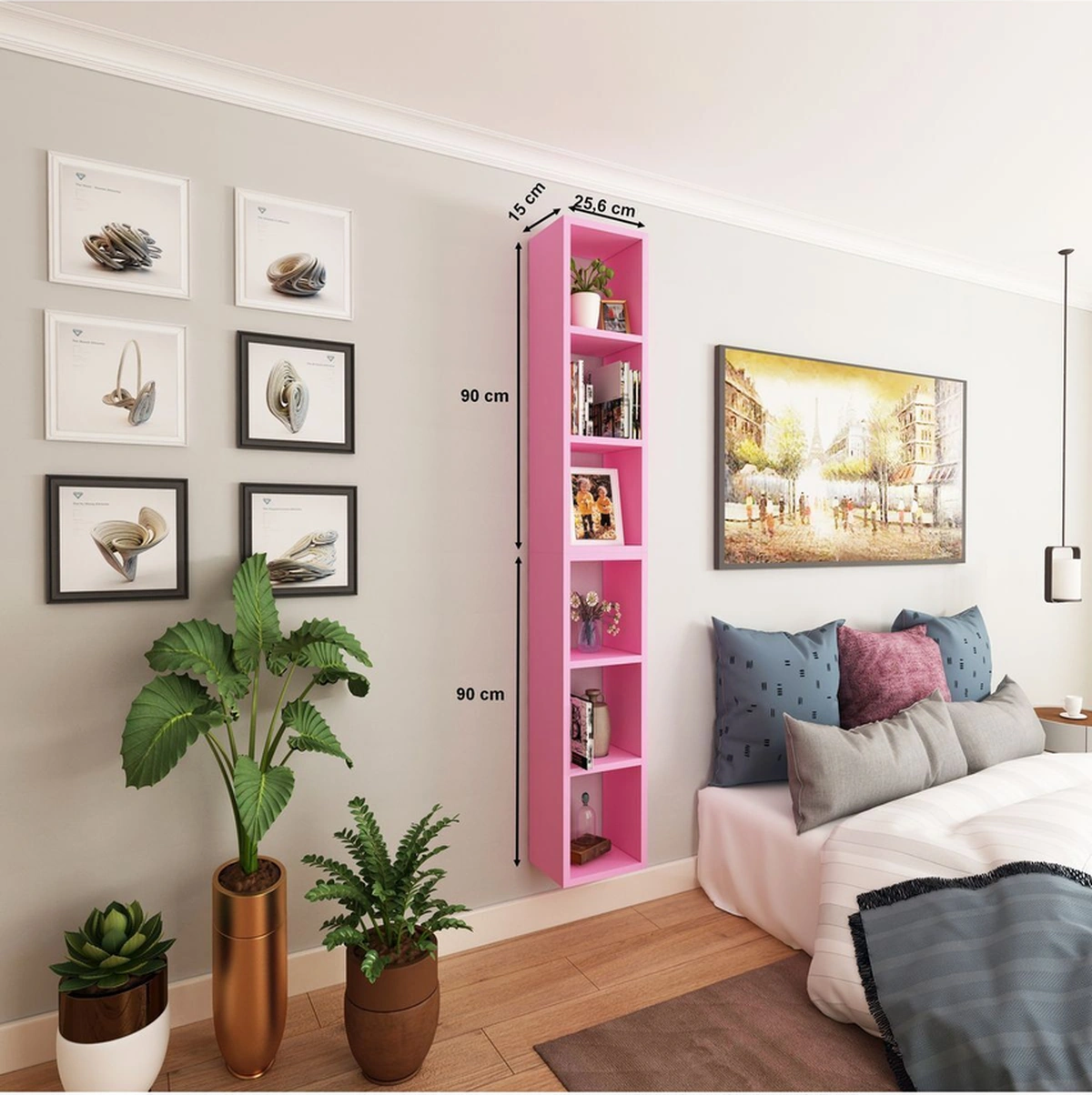 Kitaplık Dikey Duvar Rafı İkili Birleşik Mobilya Takım Pembe Pembe