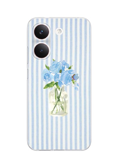Poco X8 Pro Uyumlu Mavi Çizgili Sulu Boya Çiçek Baskılı Silikon Kılıf