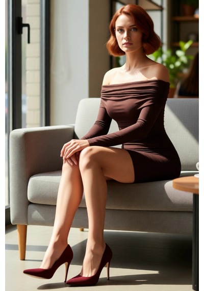 Ersefa Kadın Düşük Omuz Carmen Yaka Bodycon Kesim Uzun Kol Düz Midi Elbi Kahverengi