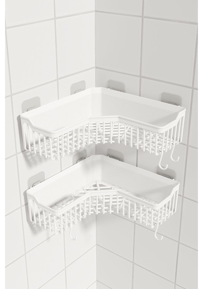 Ata Home Banyor Köşe Yapışkanlı Banyo Rafı, 2'li Banyo Düzenleyic Beyaz