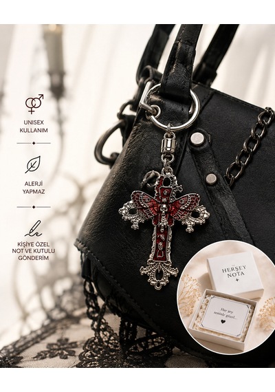 Kırmızı Kelebek Detaylı Gotik Haç Anahtarlık Unisex Vintage Stil Aksesuar