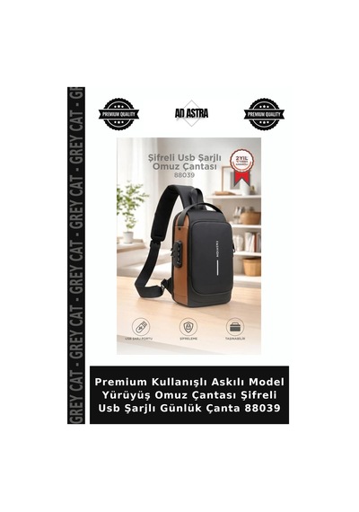 Grey Cat Premium Kullanışlı Askılı Model Yürüyüş Omuz Çantası Şifreli Usb Şarjlı Günlük Çanta 88039 Diğer