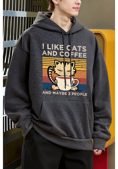 Startmore Startmoresevimli Kedi Kahve İçiyor Desen Erkekler Y2k Hoody Hip Hop Polar Moda Hoodie Büyük Boy Sokak Antrasit