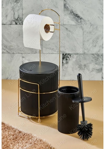 Lüx Gold Banyo Tuvalet Kağıtlığı Çöp Kovası Tuvalet Fırçası 3lü Set 6 Litre Paslanmaz Tel Plastik Siyah