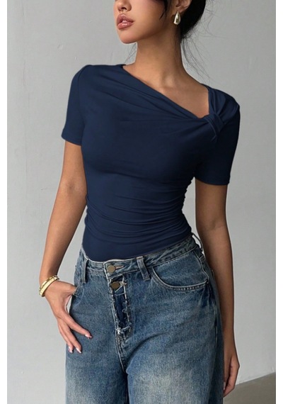 Kadın Çapraz Yaka Kısa Kollu Slim Fit Bluz Lacivert