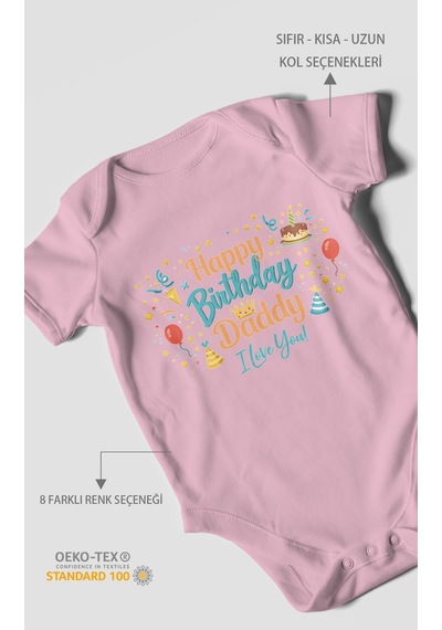 Morivokids Happy Birthday Dad I Love You Kısa Kollu Bebek Body Koyu Pembe