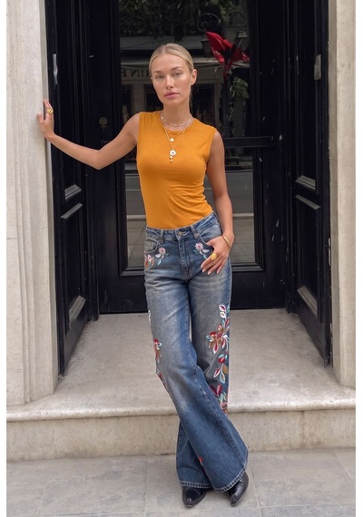 Kadın Kot Rengi 2w6-8 Flare Fit Nakış Detaylı Komfort Kumaş Özel Tasarım Denim Jean Mavi