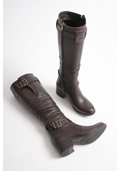 Analin Shoes Kadın Hakiki Deri Körüklü Ayarlanabilir Tokalı Çizme Kahve