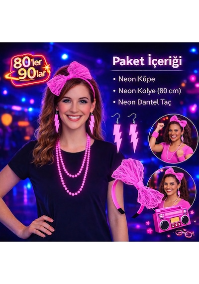 80 Ler 90 Lar Neon Pembe Parti Seti Kolye Küpe Taç - Zmff-874159 Renkli