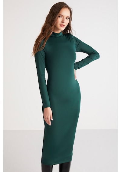 Ethıquet Katja Kadın Vücudu Tamamen Saran Slim Fit Dar Kesim Dik Yaka Midi Boy Yeşil Elbise