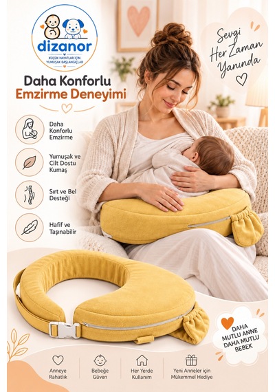 Dizanor Ayarlanabilir Kemerli Çok Amaçlı Emzirme Minderi Fermuarlı Yıkanabilir Kılıf 56x50x11 Cm - Sarı