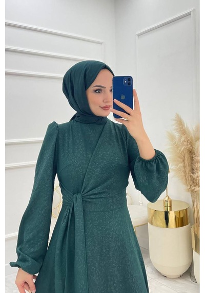 Neşeli Butik Kadın Bağlama Detaylı Jakarlı Tesettür Elbise Nms044 Yeşil