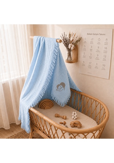 Minimoms %100 Pamuk 4 Katlı Müslin Bebek - Çocuk Battaniyesi 100x120 CM - Yumuşak Yenidoğan Kız ve Erkek Bebek Örtüsü Bebe Mavi