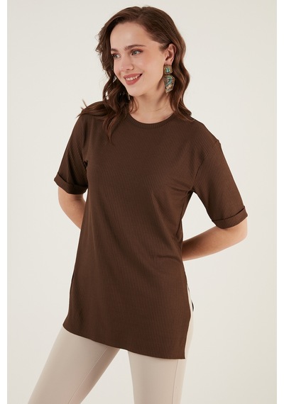 Lela Oversize Bisiklet Yaka Yırtmaç Detaylı Bayan Bluz 5863683 Kahve