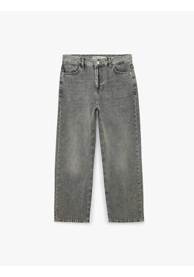 Koton Pamuklu Düz Paça Yıkamalı Normal Bel Denim Pantolon - Straight Jeans Gri 7wal40093md