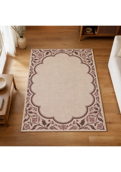 Kartela Halı Bulut Çerçeveli Klasik Halı Gül Kurusu Kaymaz Taban Makinede Yıkanabilir 120x180 Cm