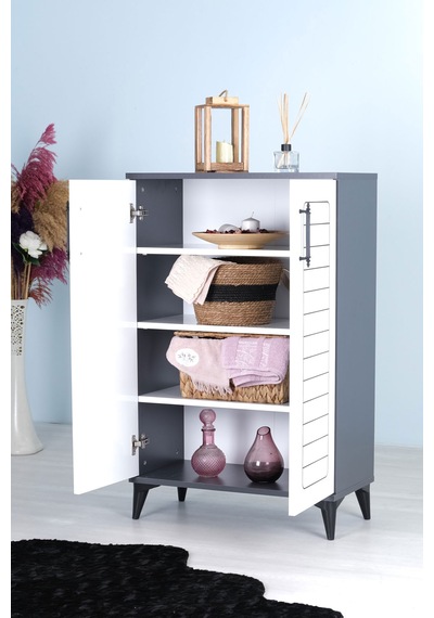 Luna 2 Kapaklı 4 Bölmeli Modern Ayakkabılık - Beyaz / Antrasit