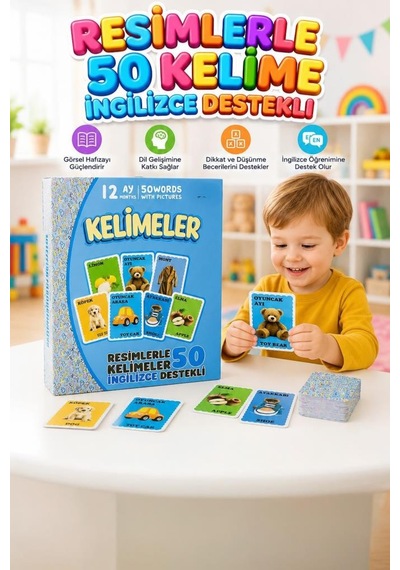 İngilizce - Türkçe Eğitim Kartları - 50 Kelime Kartı İle Çocuklar İçin Görsel Dil Gelişim Seti