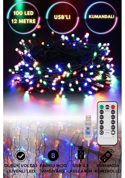 Technosmart 100 Ledli Usbli Kumandalı 8 Modlu Şerit Led Işık Parti Süsleme Organizasyon RGB