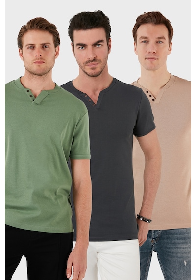 Buratti Pamuklu Düğme Detaylı Slim Fit V Yaka 3'Lü Paket Erkek T Shirt 5902122S3 Antrasit-Elma Yeşili-Taş