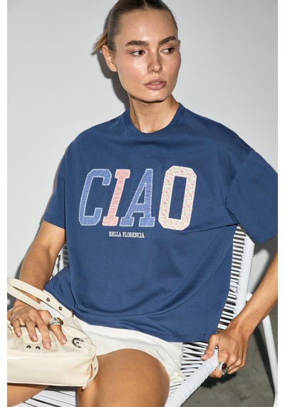 Grımelange Cascaıs Kadın %100 Organik Pamuklu Patch Detaylı Regular Fit Lacivert T-shirt