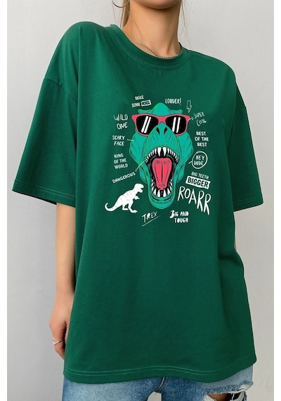 Unisex T - Rex Baskılı T-shirt Yeşil