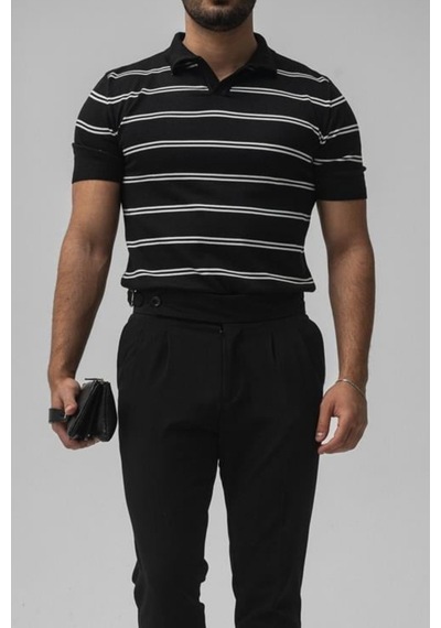 Cool Tarz Erkek Siyah Paralel Polo Yaka Slim T-shirt Siyah Siyah