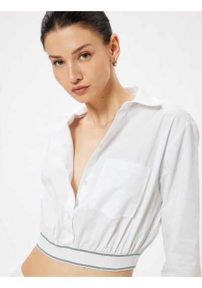 Koton Crop Poplin Gömlek Beli Lastikli Uzun Kollu Cep Detaylı Beyaz 5wak60032pw Beyaz